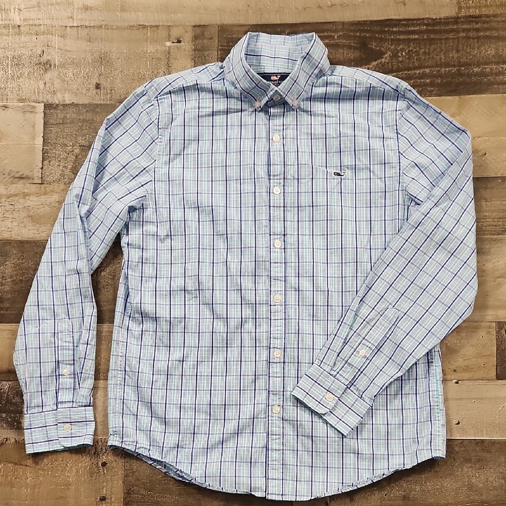 Vineyard Vines Slim Fit Whale Shirt Mens Medium Blue Green White Plaid